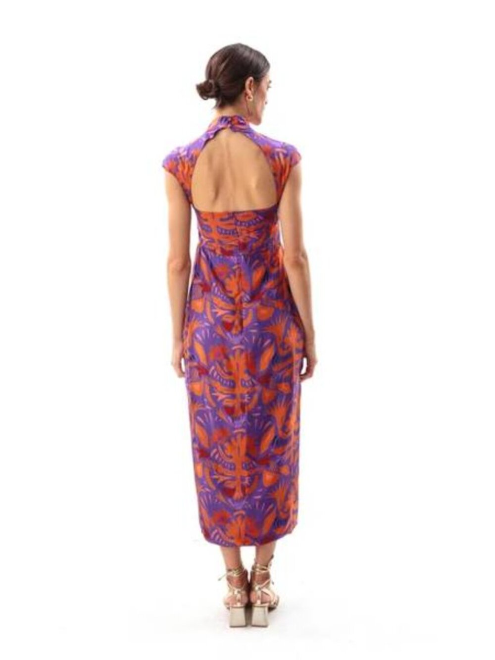 Movom Maxi Cheongsam Dress Mauve Orange Print Open Back XS/S - Picture 2 of 2